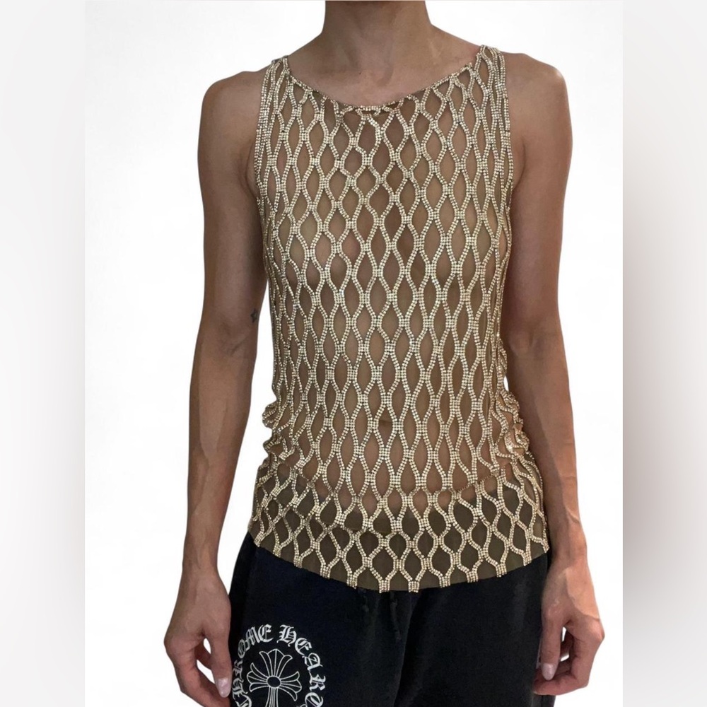 Nude Mesh Rhinestone Top; size small